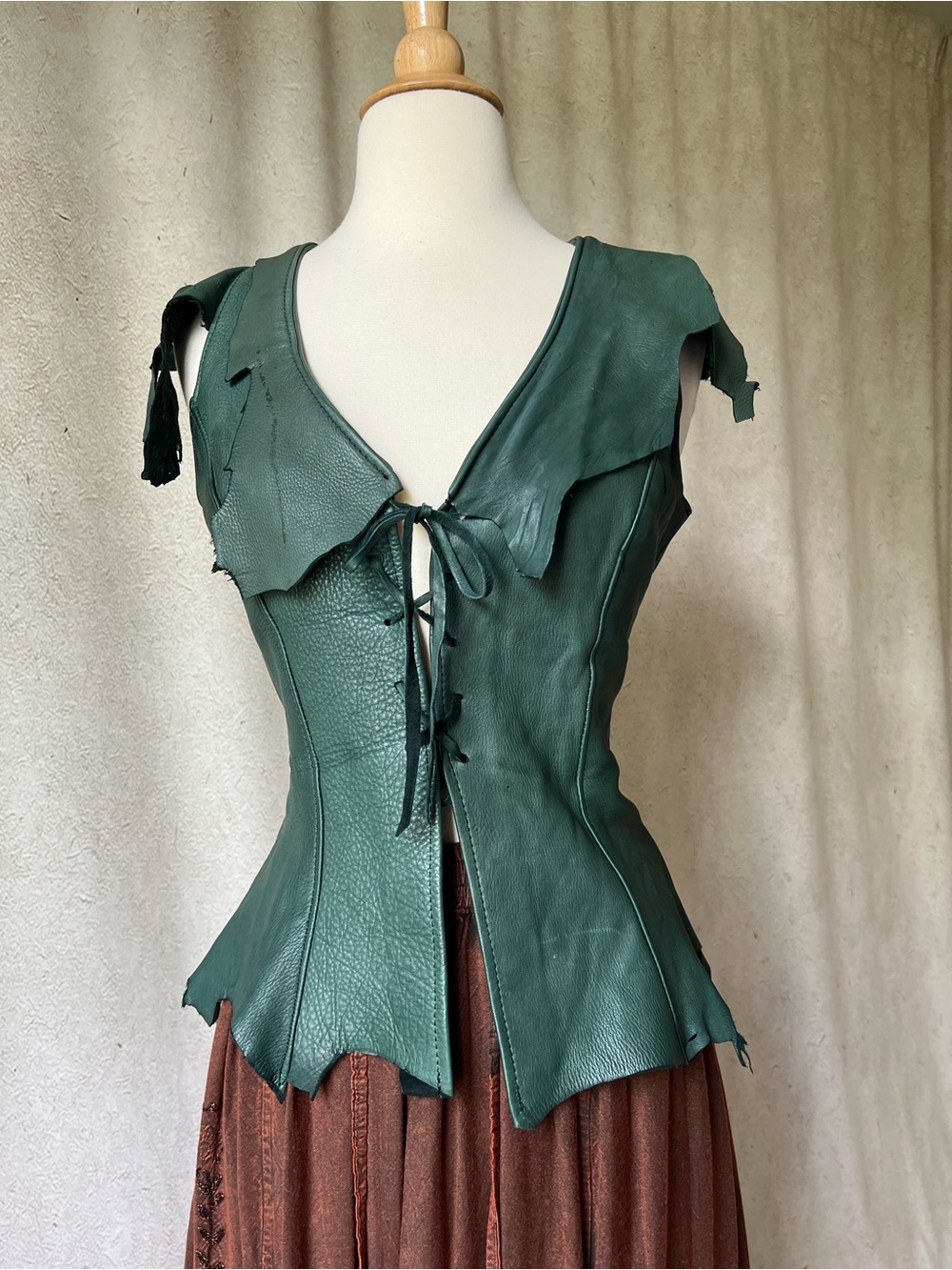 Handmade Raw Hide 100% Buckskin Leather Blouse With Lace Up Detail in Green